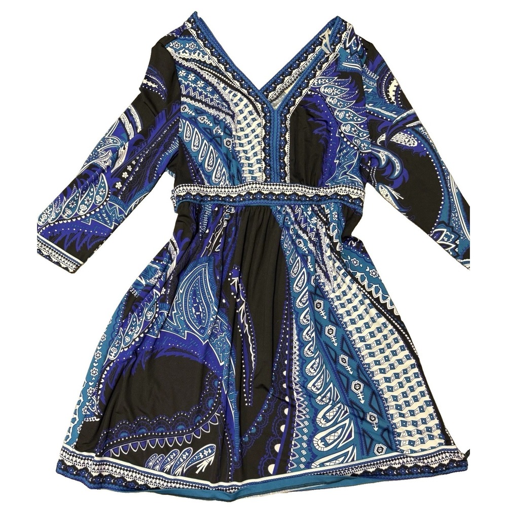 ECI New York Dress XXL NWT Blue Paisley V Neck Empire Waist Stretch